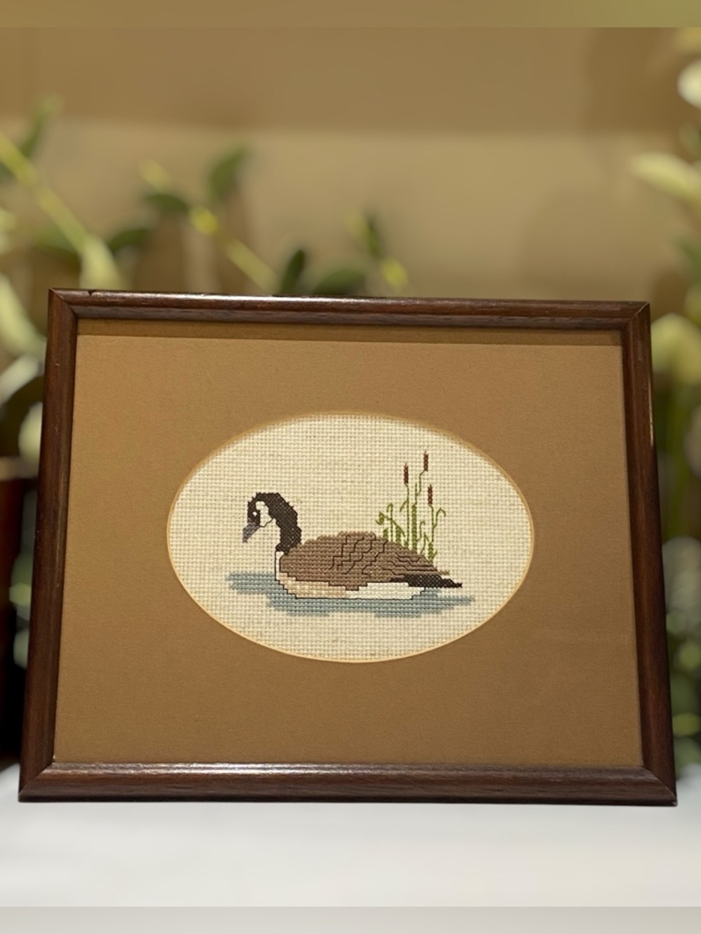 Vintage Needlepoint Floating Duck Goose Wood Framed Matted Wall Hanging Art